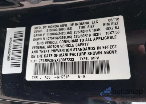 2018 Honda Cr-V Touring z USA, uszkodzony, nr VIN 7FARW2H9XJE067233